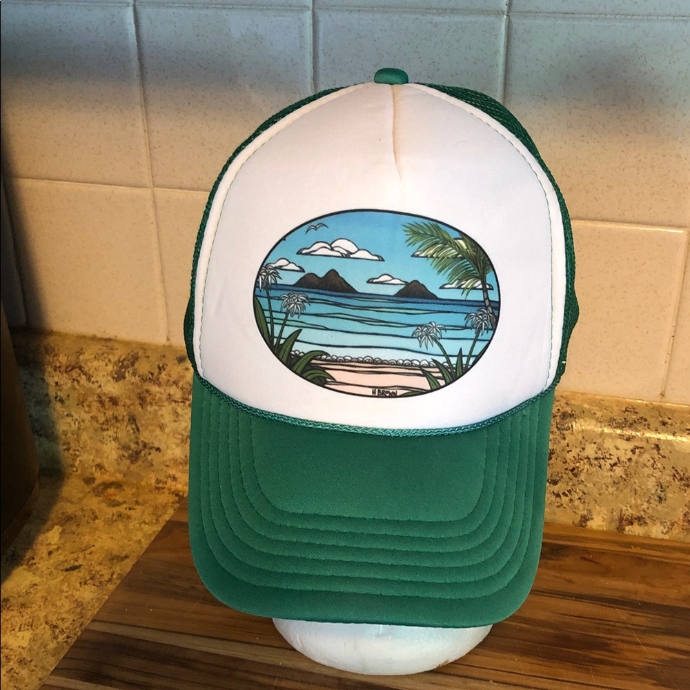 Vintage Green and White Mesh Trucker Hat with Beach Patch